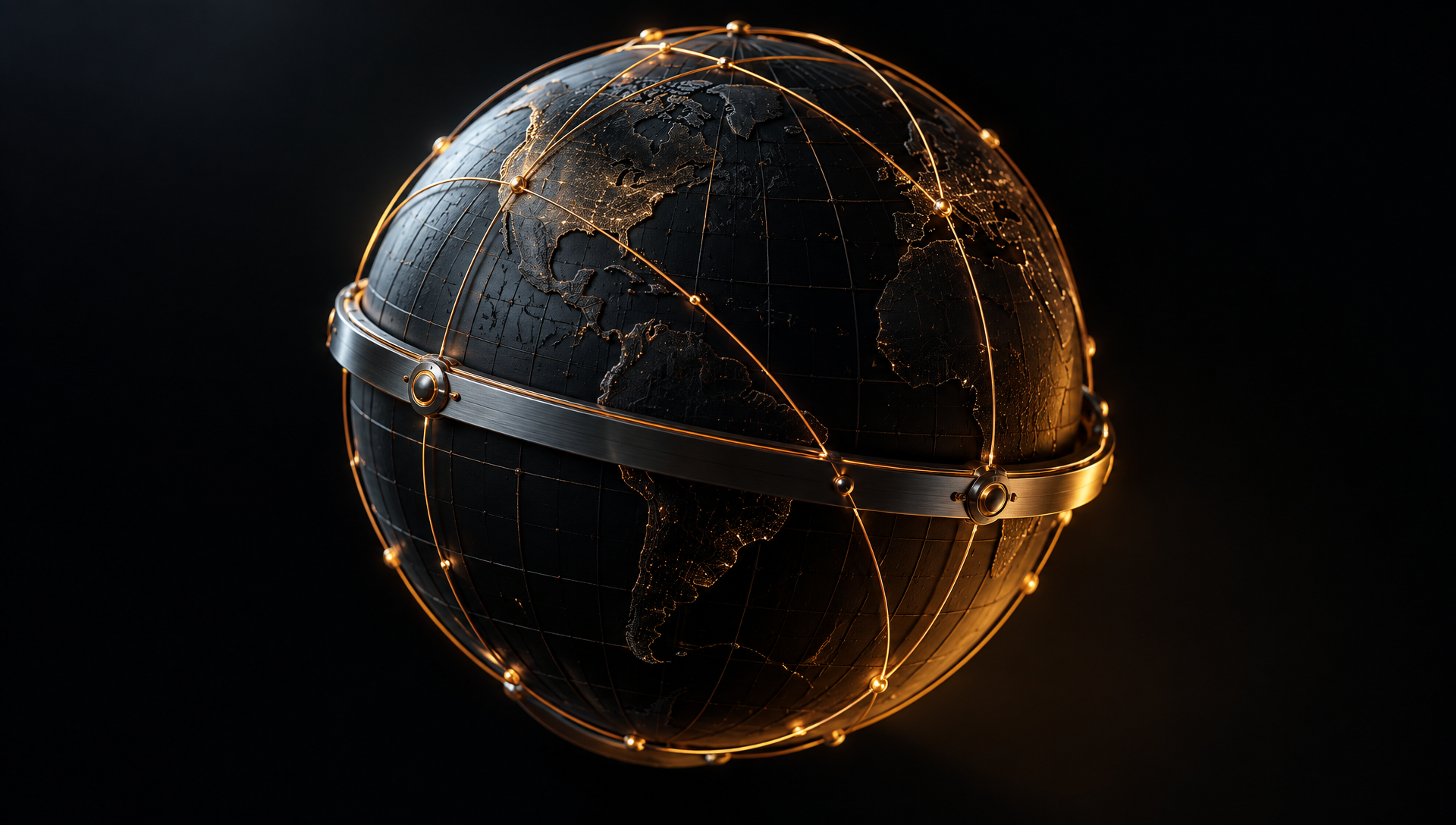 Obsidian command sphere with amber global routing arcs